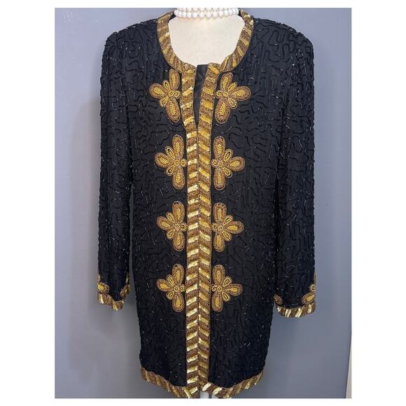 NWT 1980s Black and Gold Beaded Cocktail Jacket- by Lawrence Kazar - Picture 1 of 5